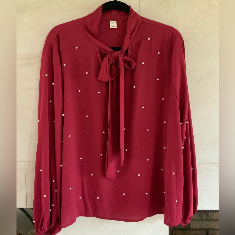Wine Red Blouse with Pearl Detail